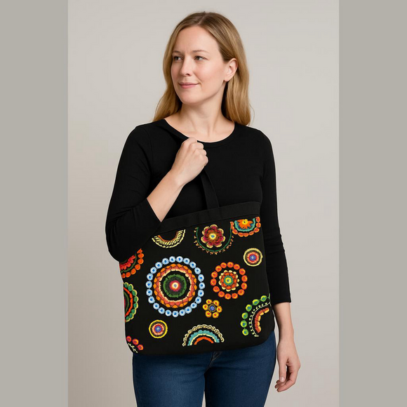 Black Tote Bag with Colorful Circle Buttons - Picture 1 of 3